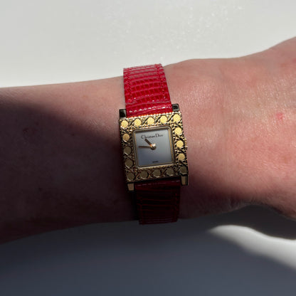 Dior 1990s La Parisienne Interchangeable Strap Square Dial Gold Plated Watch with 3 straps, case