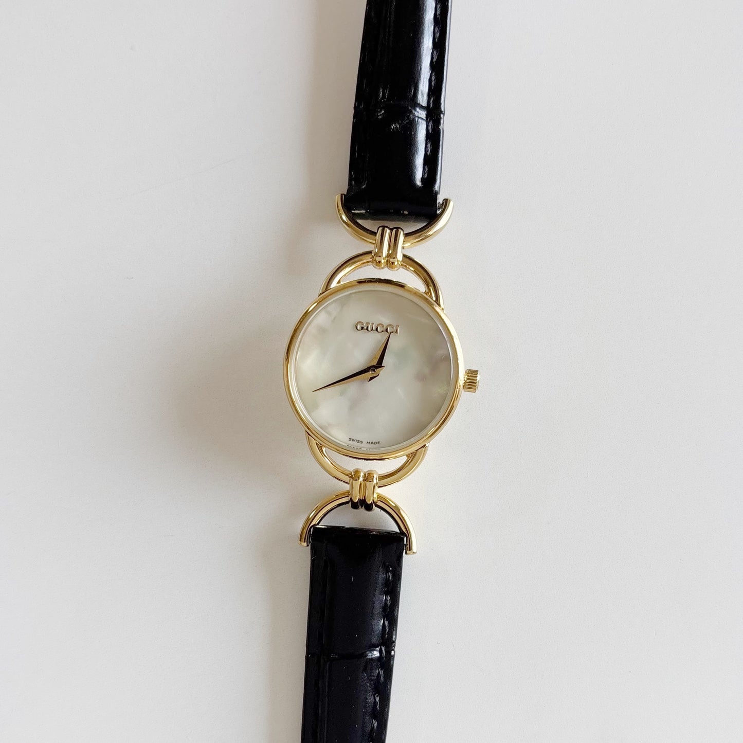 Gucci 1990s Seashell Dial Gold Plate Horsebit Watch