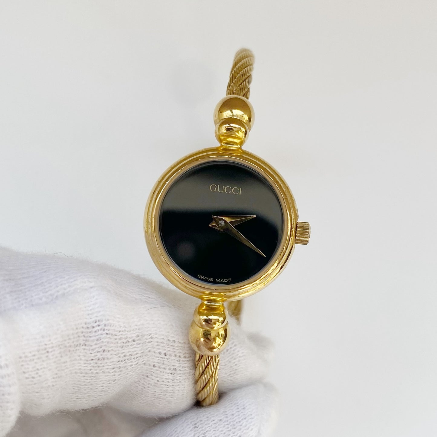 Gucci 1990s Black Dial Gold Plated Bangle Watch