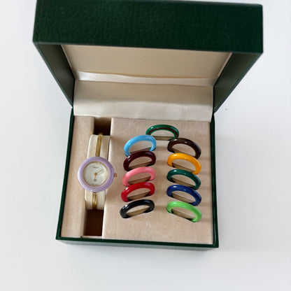 Gucci 1990s Interchangeable Bezel Gold Plated Bangle Watch with 12 bezels, case