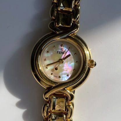 Fendi 1990s Seashell Dial Gold Plated Round Watch