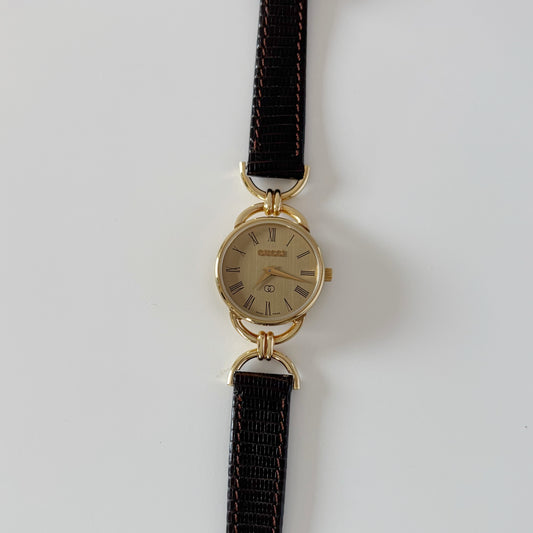 Gucci 1980s Round Dial Horsebit Gold Plated Watch