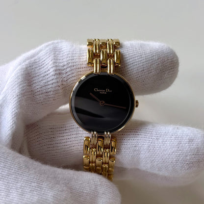 Dior 1990s Bagheera Black Dial Gold Plated Round Watch