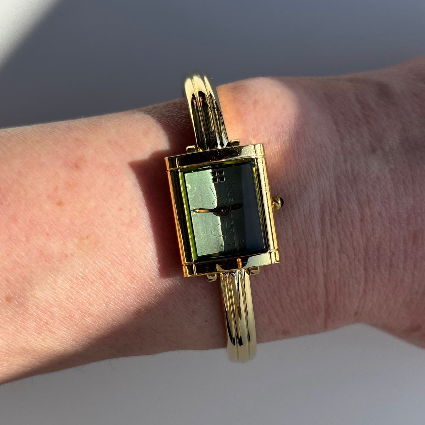 Yves Saint Laurent 1990s Green Dial Gold Plated Bangle Watch