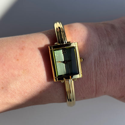 Yves Saint Laurent 1990s Green Dial Gold Plated Bangle Watch