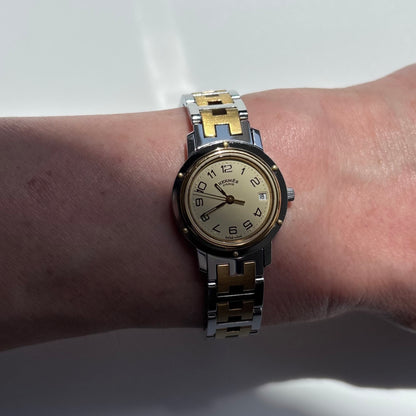 Hermes 1990s Clipper Date Round Dial Gold Plated Two Tone Watch