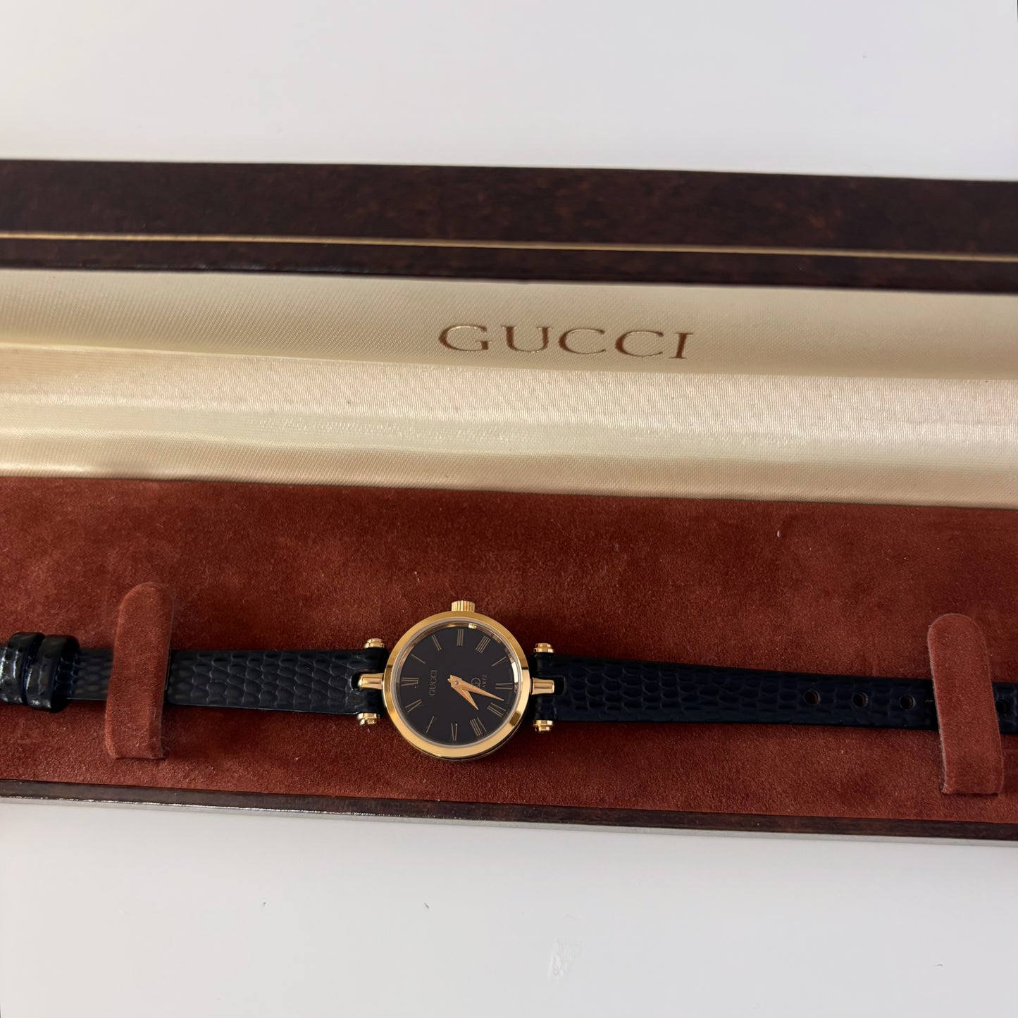 Gucci 1980s Black Round Dial Gold Plated Watch