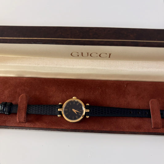Gucci 1980s Black Round Dial Gold Plated Watch