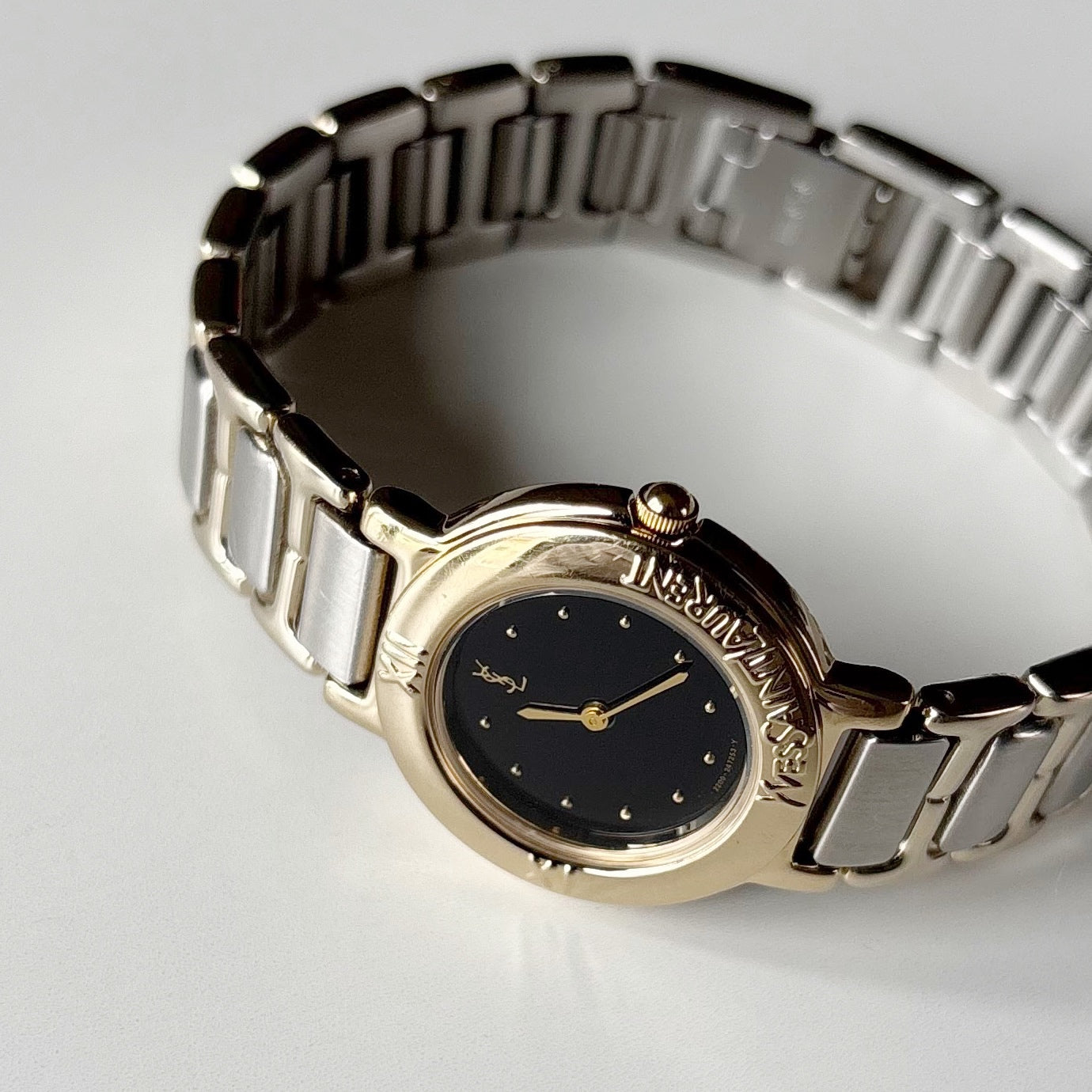 Yves Saint Laurent 1990s Black Round Dial Two Tone Watch