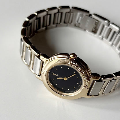 Yves Saint Laurent 1990s Black Round Dial Two Tone Watch