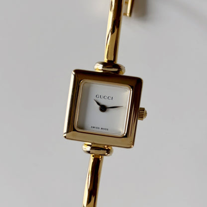 Gucci 1990s Square Dial Gold Plated Bangle Watch