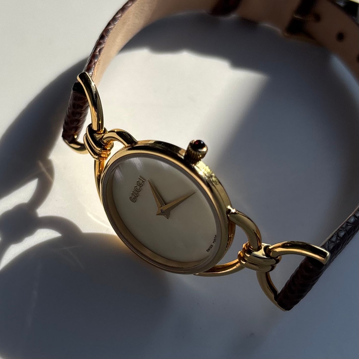 Gucci 1990s Seashell Dial Gold Plated Horsebit Watch