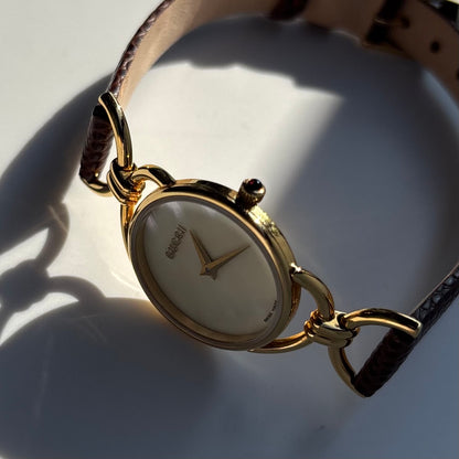 Gucci 1990s Seashell Dial Gold Plated Horsebit Watch