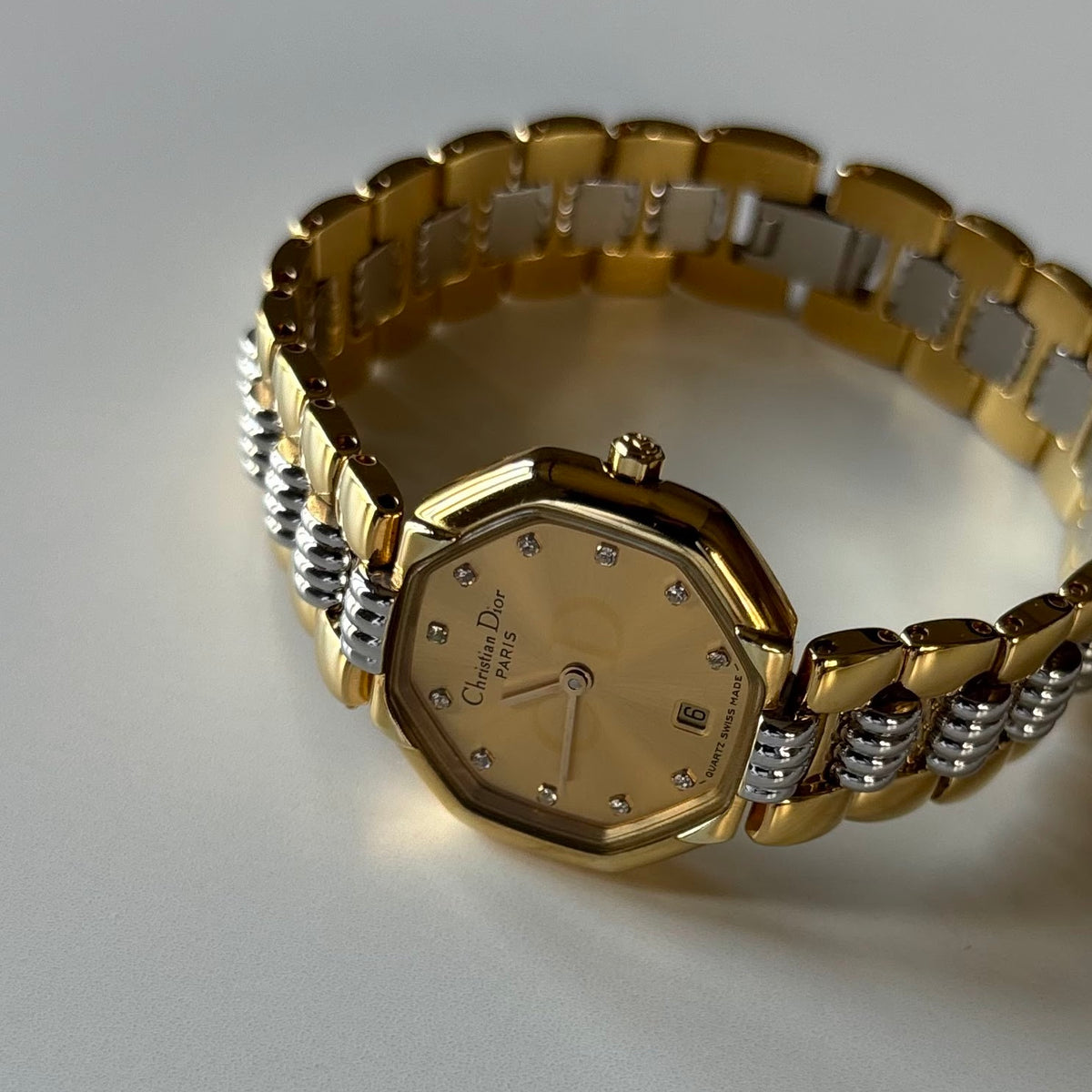 Dior 1990s Octagon Gold Dial Two-Tone Gold-Plated Watch