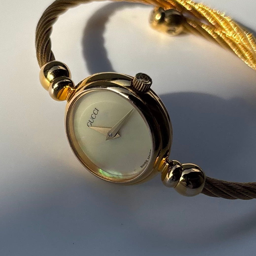 Gucci 1990s Seashell Dial Gold Plated Cable Bangle Watch