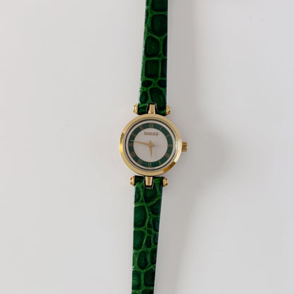 Gucci 1990s Green Round Dial Gold Plated Watch