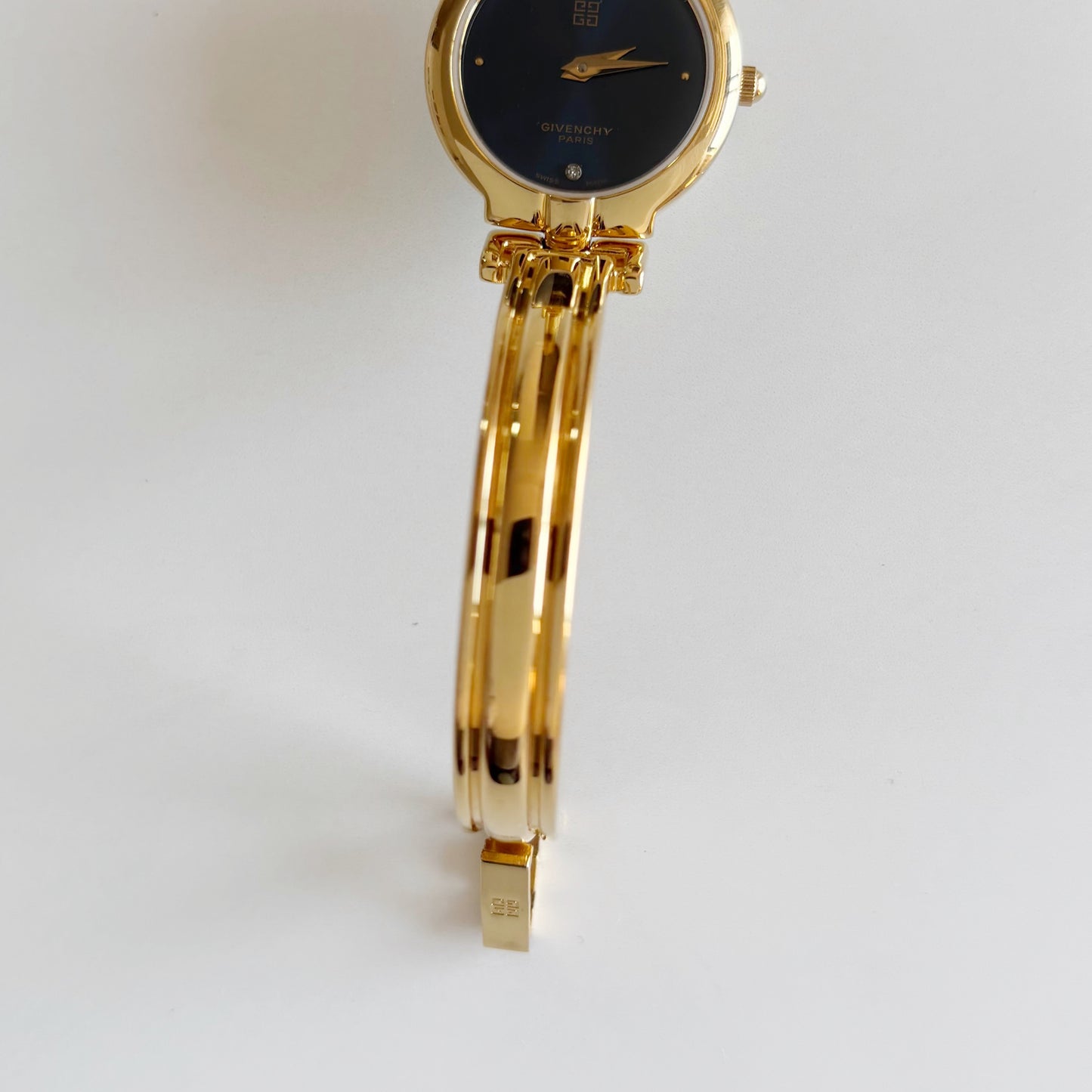 Givenchy 1990s Navy Round Dial Gold Plated Bangle Watch