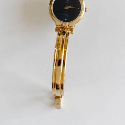 Givenchy 1990s Navy Round Dial Gold Plated Bangle Watch