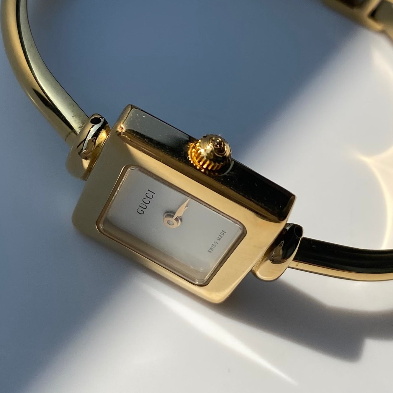 Gucci 1990s Square Dial Gold Plated Bangle Watch