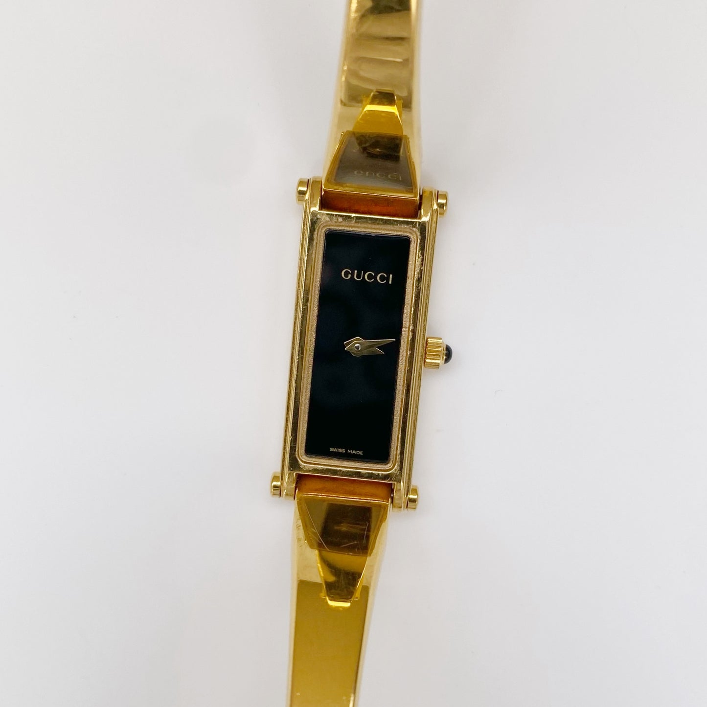 Gucci 1990s Black Dial Gold Plated Rectangular Bangle Watch