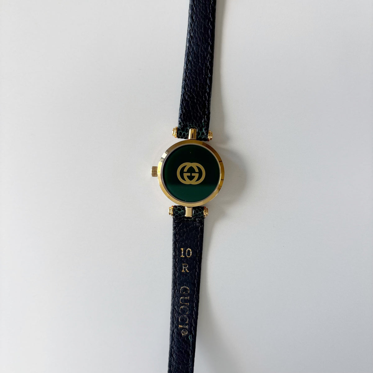 Gucci 1990s Round Dial Cherry Green Gold-Plated Watch