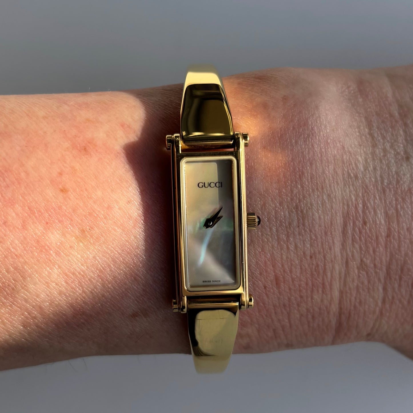 Gucci 1990s Seashell Dial Rectangular Gold Plated Bangle Watch