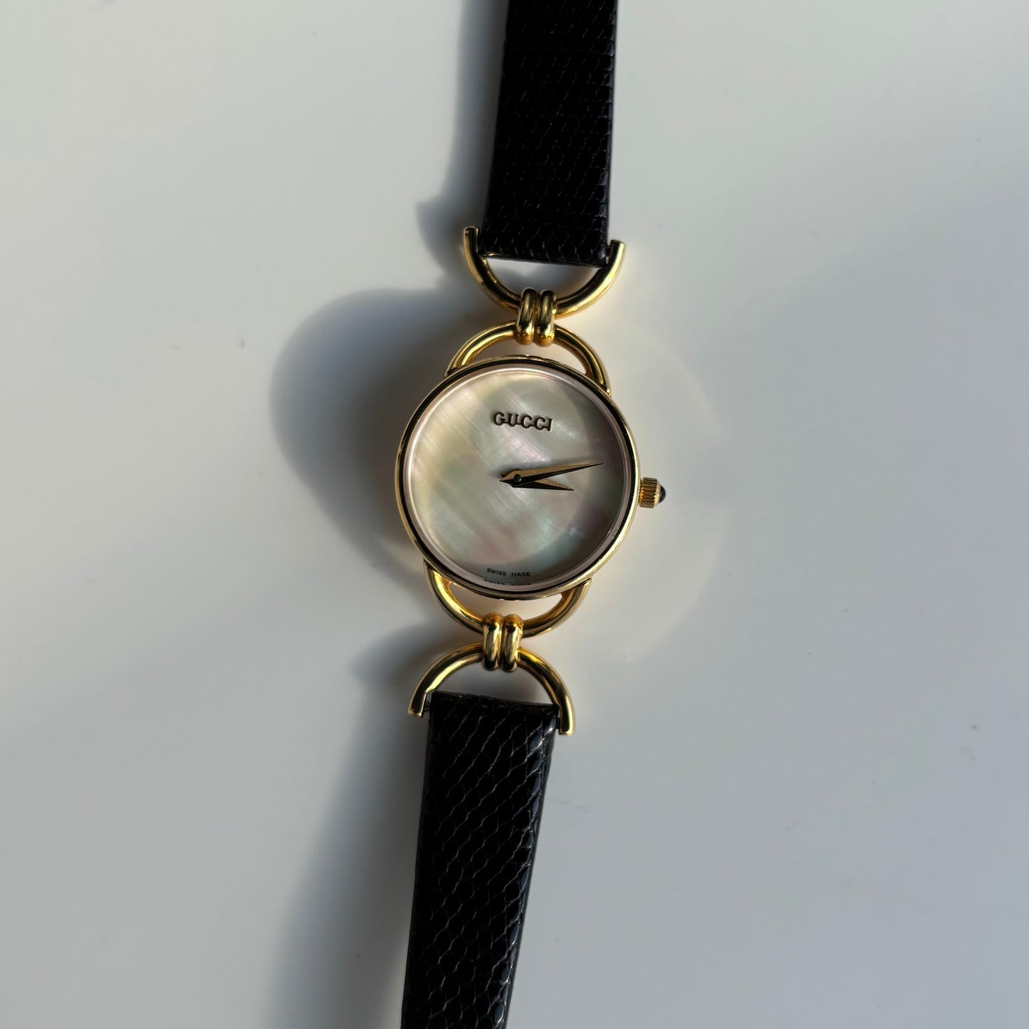 Gucci 1990s Seashell Dial Gold Plated Horsebit Watch