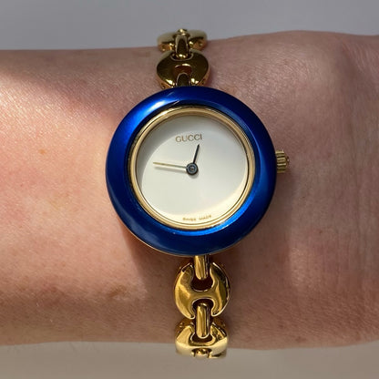 Gucci 1990s Interchangeable Bezel Gold Plated Watch with case, 6 bezels
