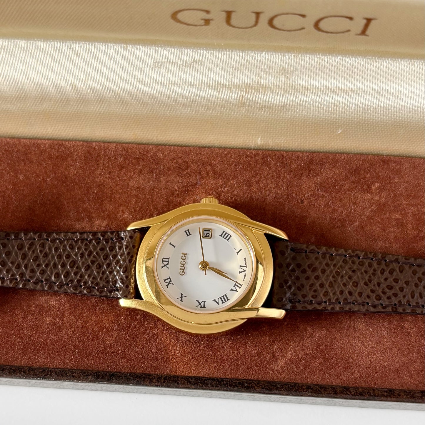 Gucci 1990s Date Round Dial Gold Plated Watch