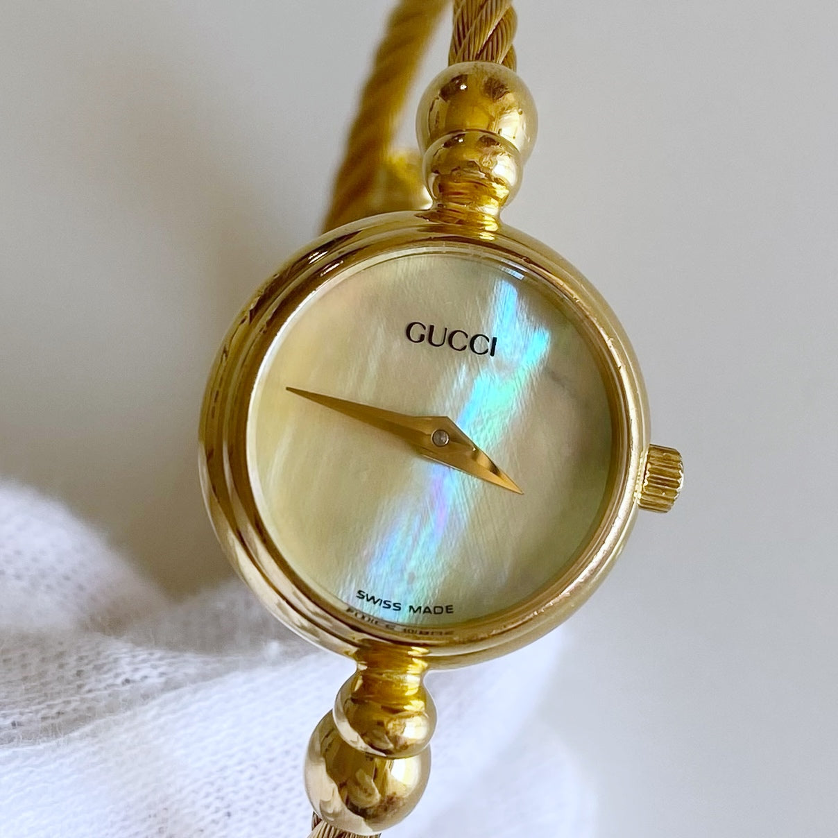 Gucci 1990s Seashell Dial Gold Plated Cable Bangle Watch