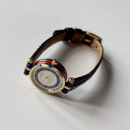 Gucci 1990s Round Dial Blue Gold Plated Watch
