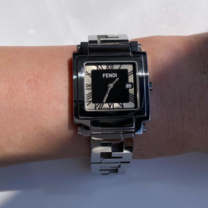 Fendi 1990s Black Dial Date Square Stainless Steel Watch