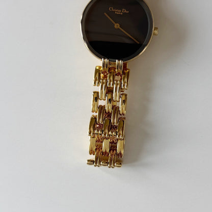 Dior 1990s Bagheera Round Black Dial Gold Plated Watch