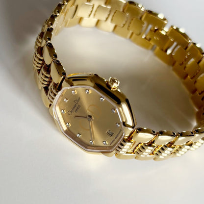 Dior 1990s Octagon Gold Dial Gold Plated Watch
