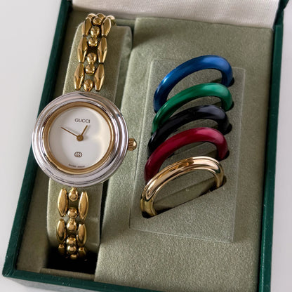 Gucci 1990s Interchangeable Bezel Gold Plated Watch with 6 bezels, case (167mm)
