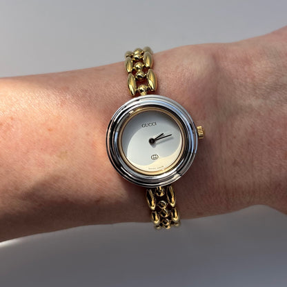 Gucci 1990s Interchangeable Bezel Gold Plated Rice Chain Watch with 6 bezels, case (160mm)