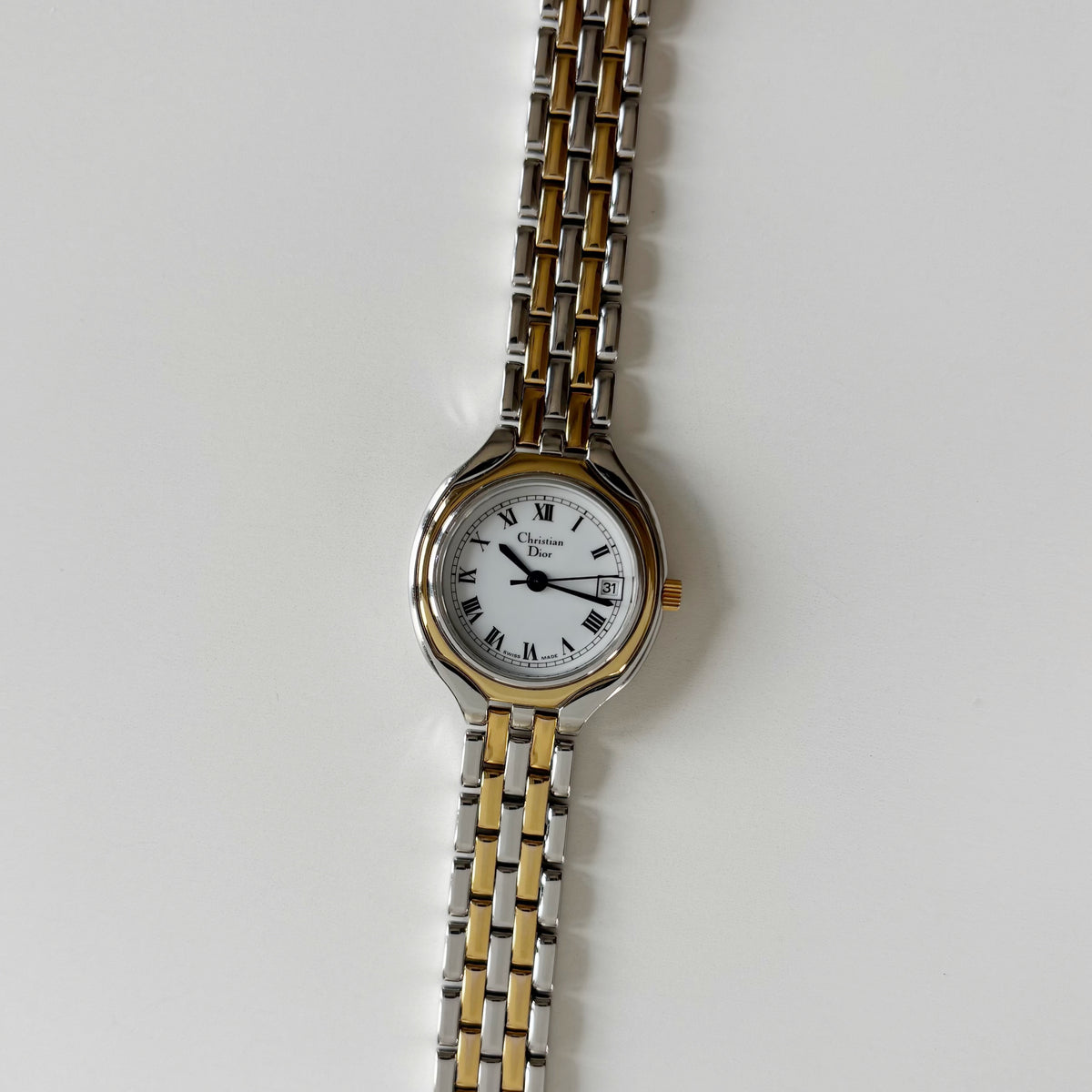 Dior 1990s Date Round Dial Gold Plated Two Tone Watch