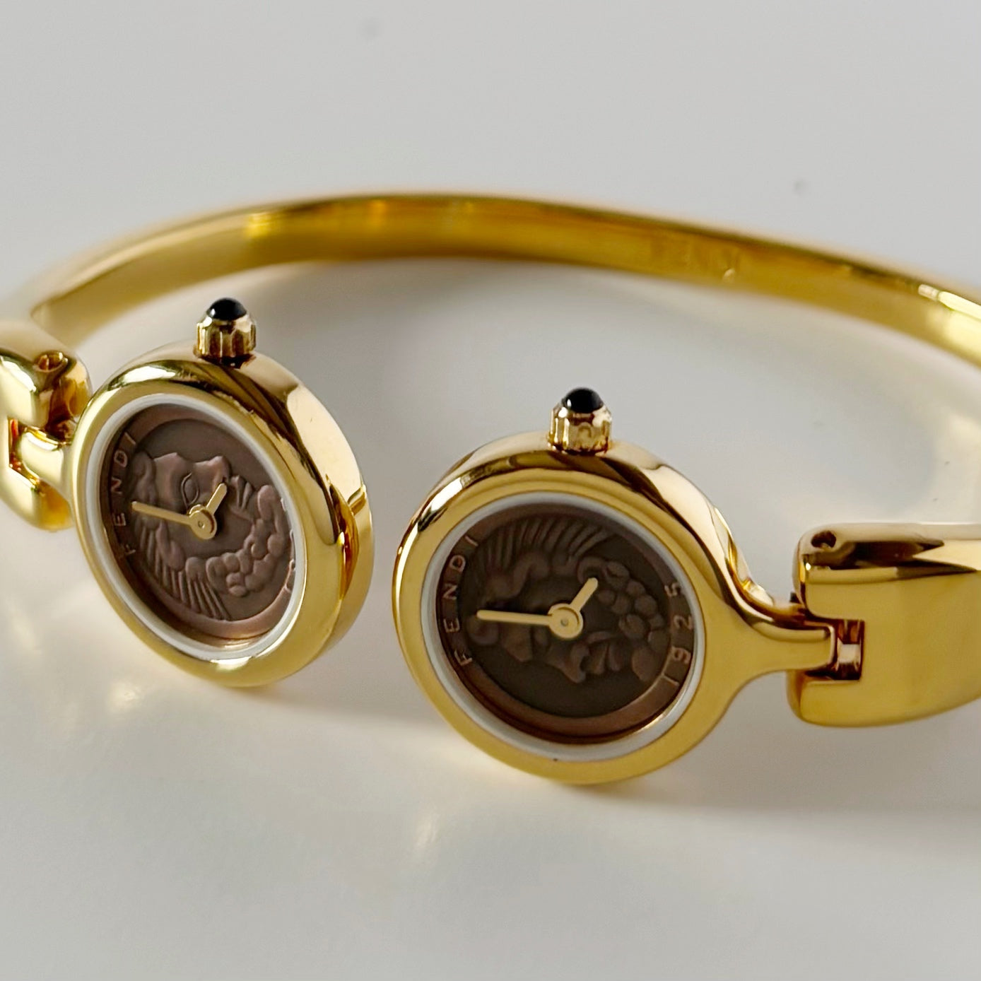 Fendi 1990s Seashell Dial Two Time Zone Gold Plated Bangle Watch