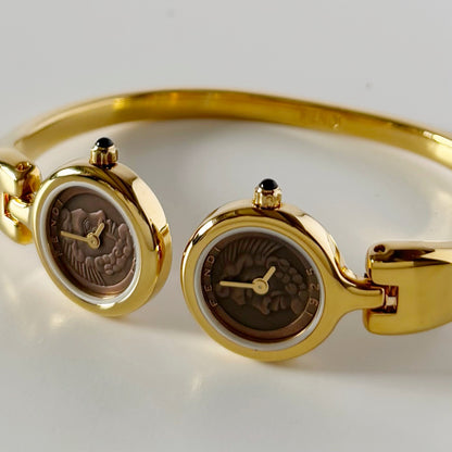Fendi 1990s Seashell Dial Two Time Zone Gold Plated Bangle Watch
