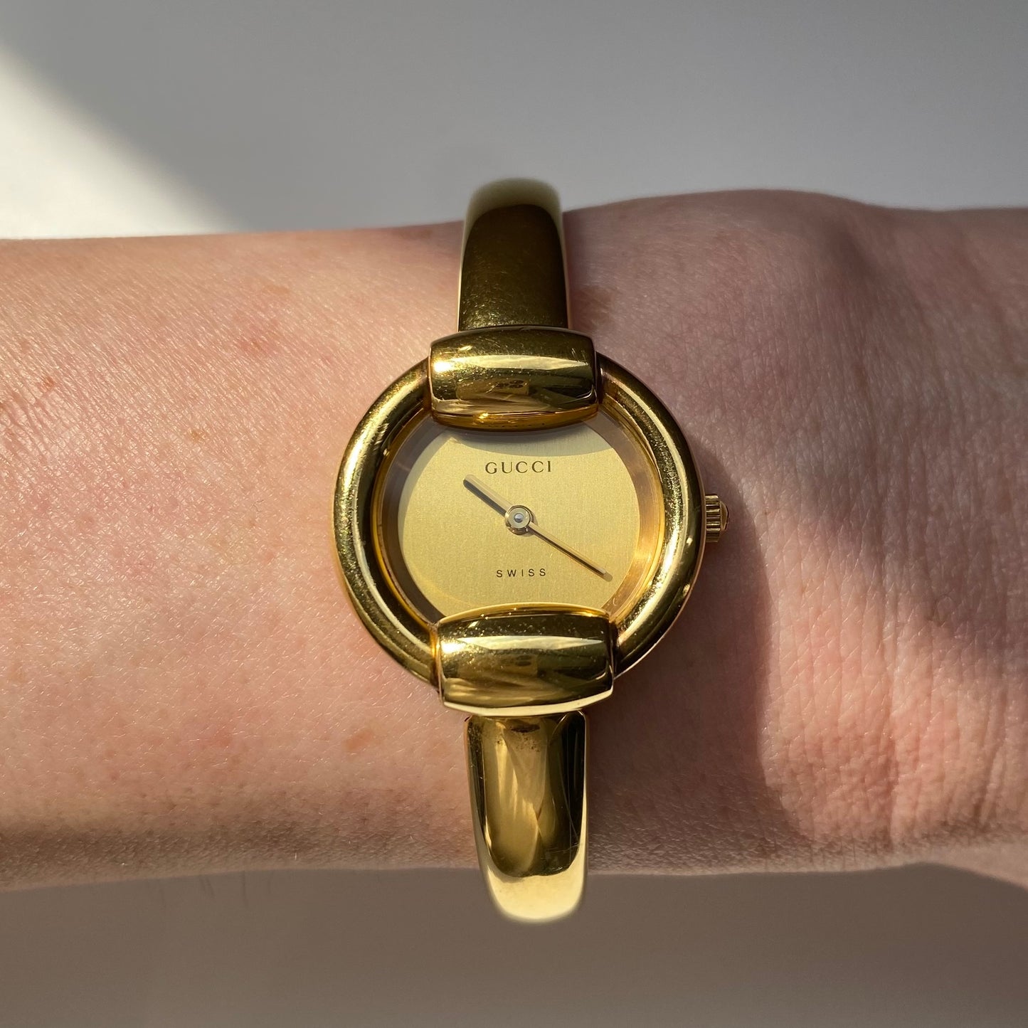 Gucci 1990s Gold Dial Gold Plated Bangle Watch