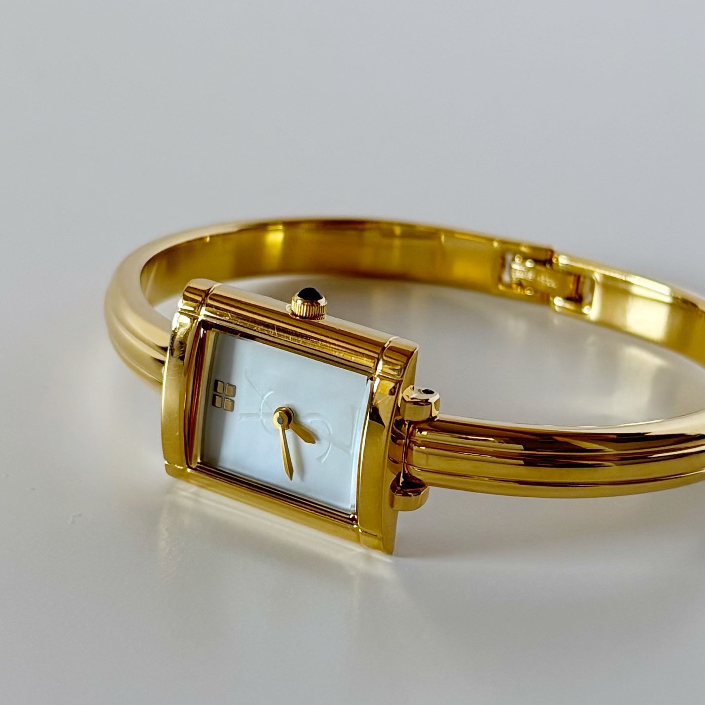 Yves Saint Laurent 1990s Seashell Dial Gold Plated Bangle Watch
