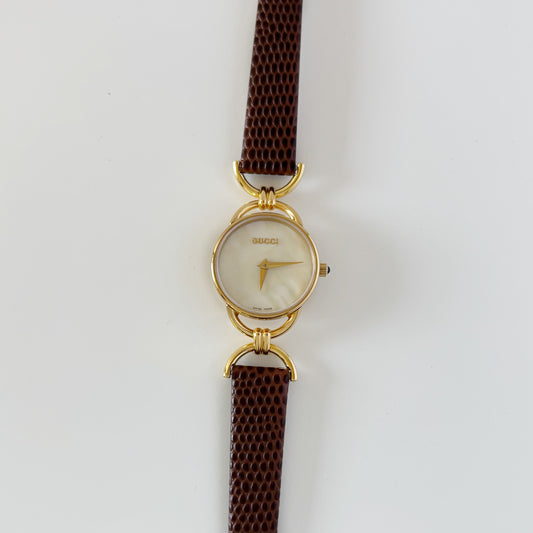 Gucci 1990s Seashell Dial Gold Plated Horsebit Watch