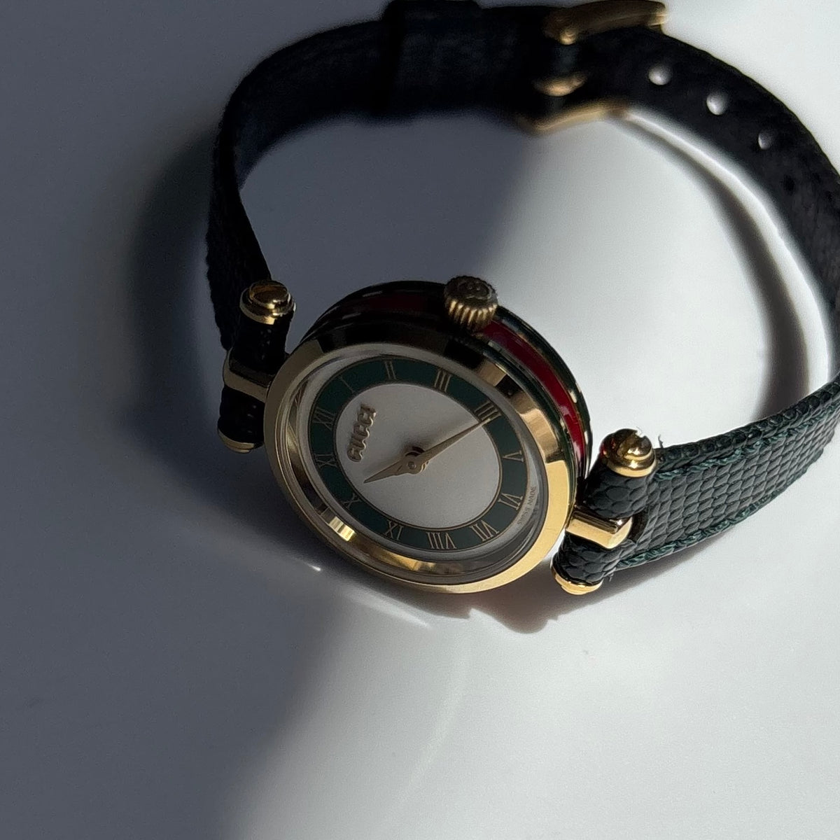 Gucci 1990s Round Dial Cherry Green Gold-Plated Watch