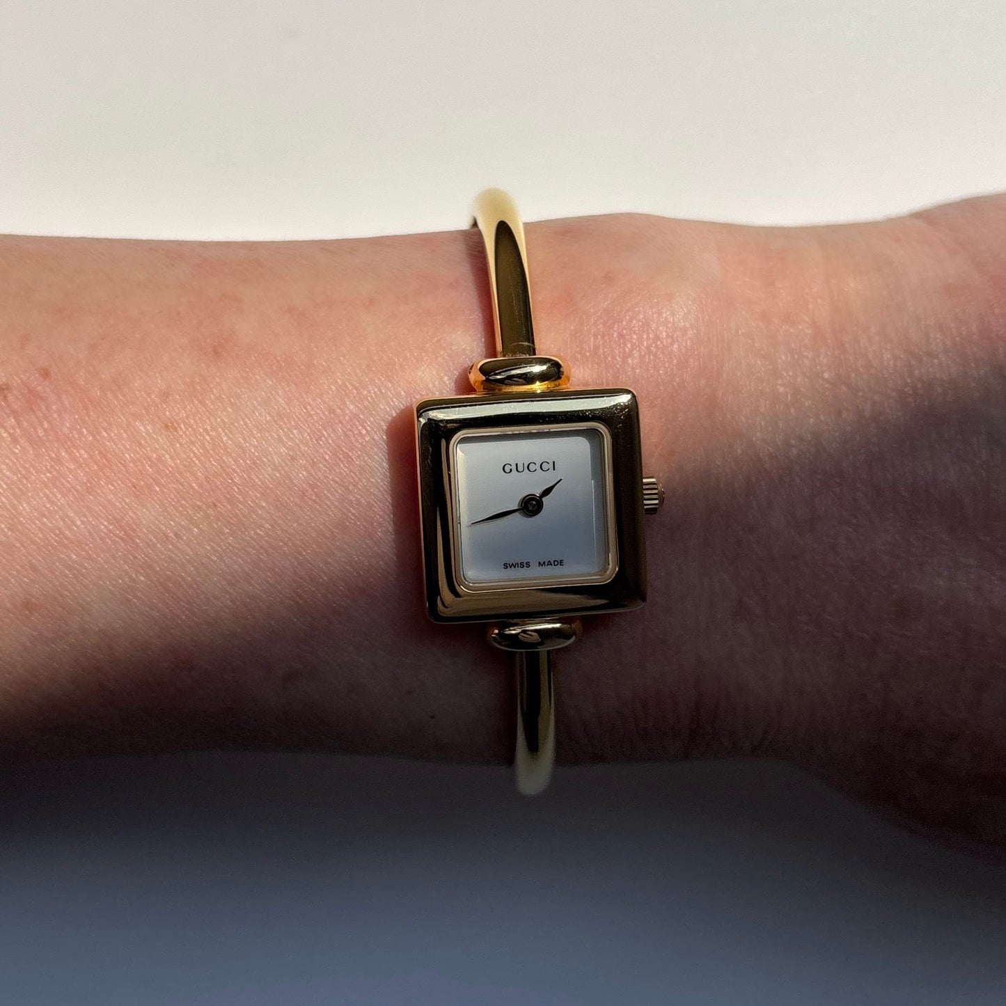 Gucci 1990s Square Dial Gold Plated Bangle Watch (Small)