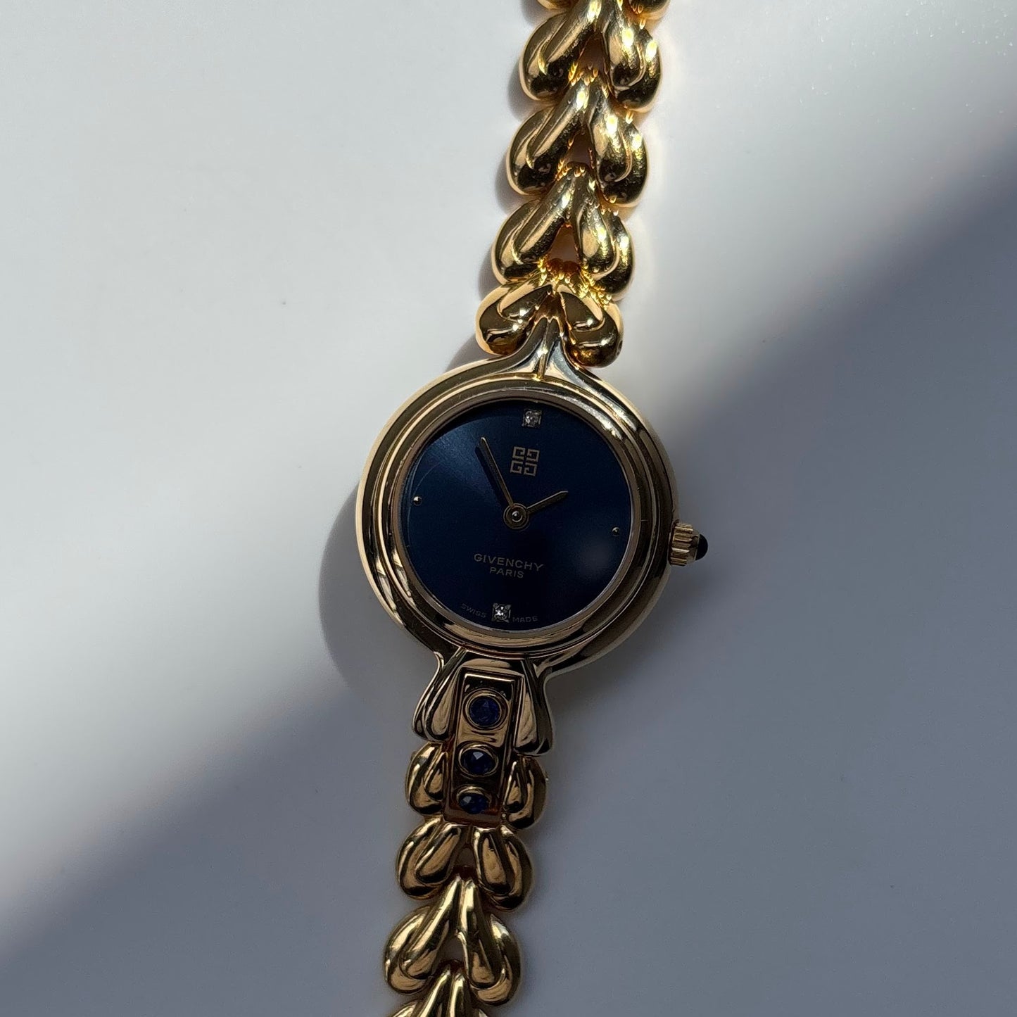 Givenchy 1990s Navy Round Dial Gold Plated Watch