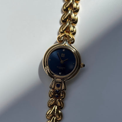 Givenchy 1990s Navy Round Dial Gold Plated Watch