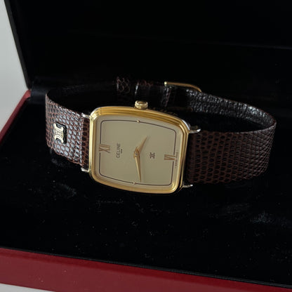 Celine 1980s Rectangular Dial Two Tone Watch (Large)