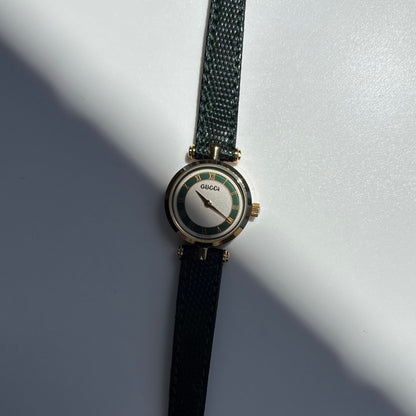 Gucci 1990s Round Dial Cherry Green Gold-Plated Watch